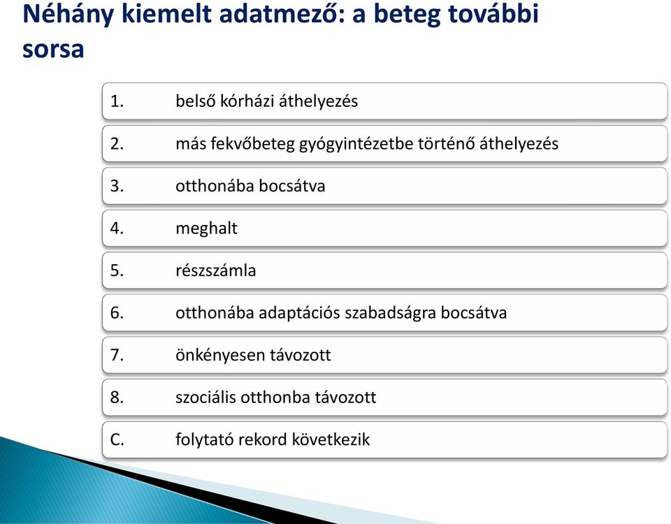 más fekvőbeteg gyógyintézetbe történő áthelyezés 3. otthonába bocsátva 4.