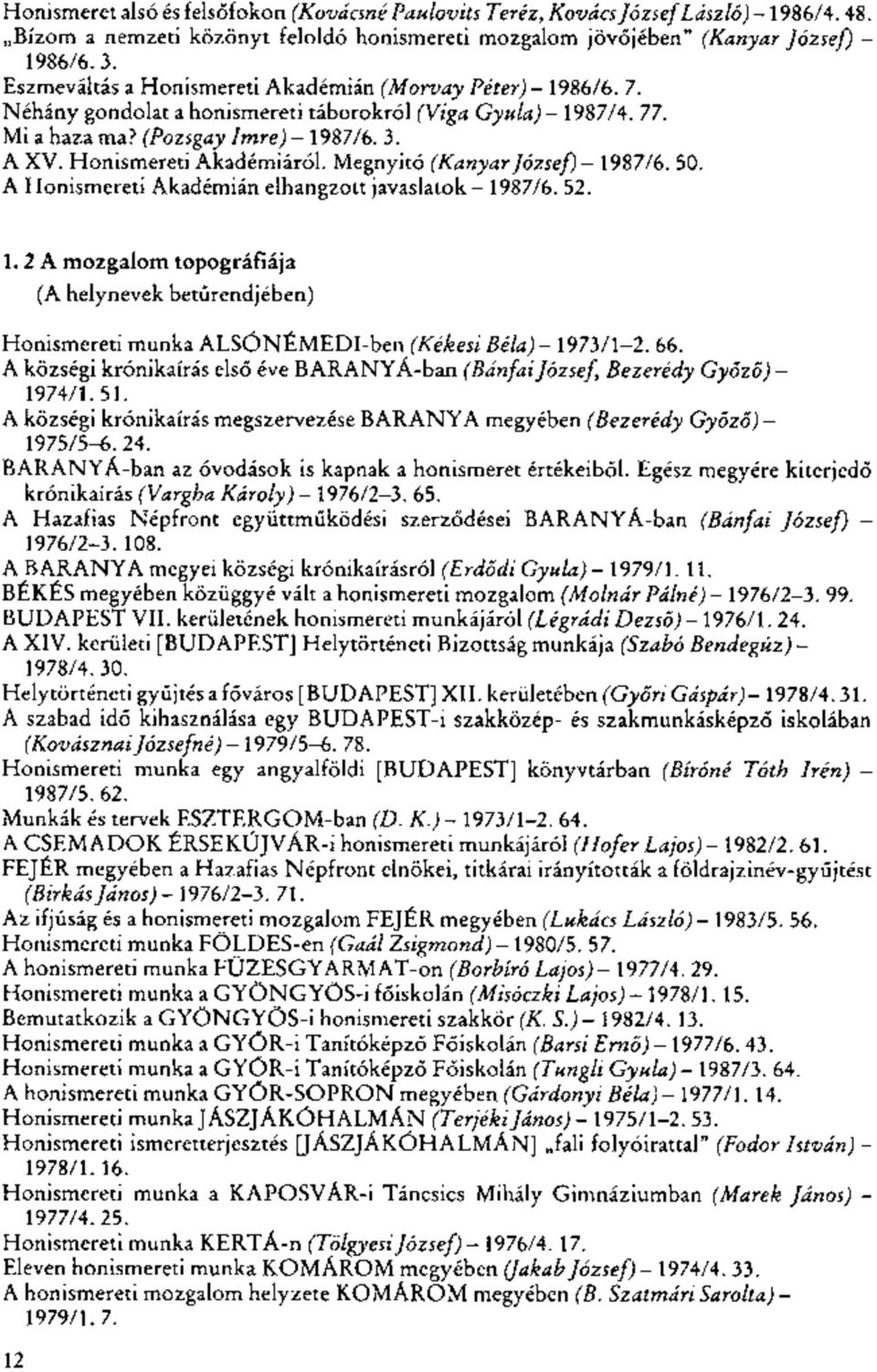 Megnyitó (Kanyar József) - 1987/6. 50. A Honismereti Akadémián elhangzott javaslatok - 1987/6. 52. 1. 2 A mozgalom topográfiája (A helynevek betűrendjében) Honismereti munka ALSÓNÉMEDI-ben (KékesiBéla)- 1973/1-2.