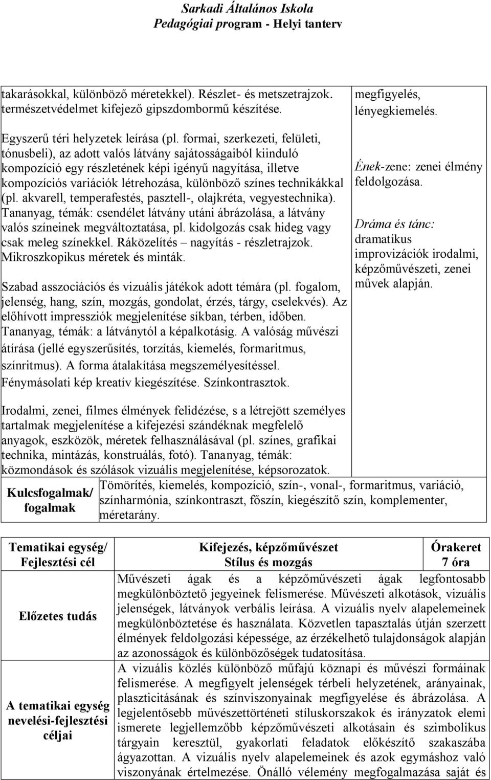 technikákkal (pl. akvarell, temperafestés, pasztell-, olajkréta, vegyestechnika). Tananyag, témák: csendélet látvány utáni ábrázolása, a látvány valós színeinek megváltoztatása, pl.