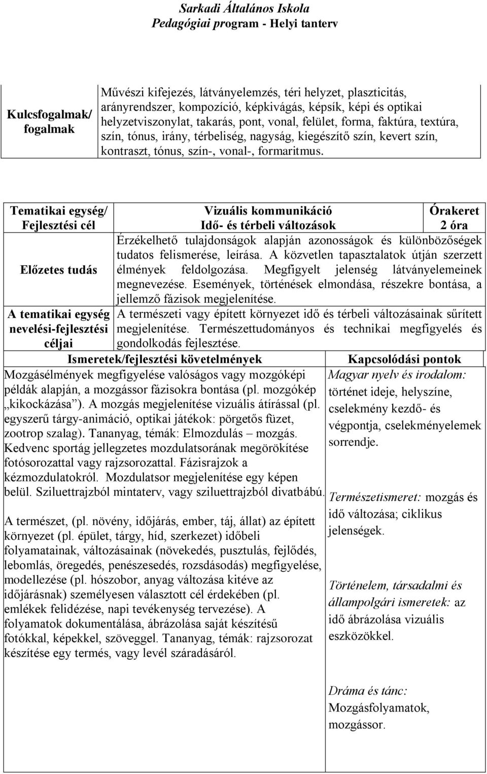 Idő- és térbeli változások 2 óra Érzékelhető tulajdonságok alapján azonosságok és különbözőségek tudatos felismerése, leírása. A közvetlen tapasztalatok útján szerzett élmények feldolgozása.