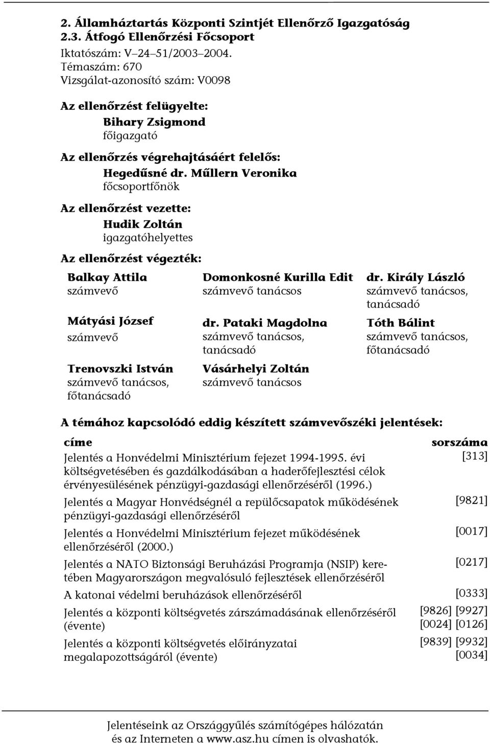 Műllern Veronika főcsoportfőnök Az ellenőrzést vezette: Hudik Zoltán igazgatóhelyettes Az ellenőrzést végezték: Balkay Attila számvevő Mátyási József számvevő Trenovszki István számvevő tanácsos,