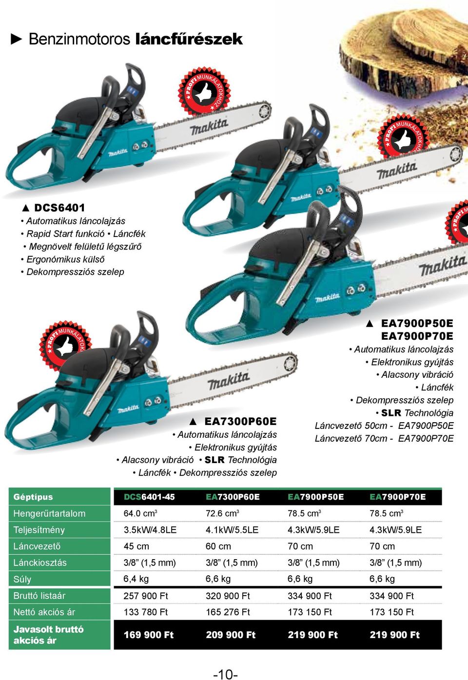 Elektronikus gyújtás Alacsony vibráció Láncfék Dekompressziós szelep SLR Technológia Láncvezető 50cm - EA7900P50E Láncvezető 70cm - EA7900P70E Géptípus DCS6401-45 EA7300P60E EA7900P50E EA7900P70E