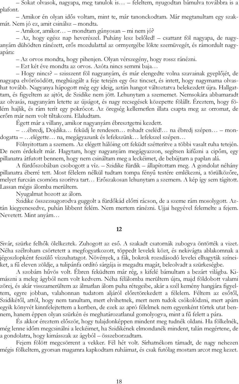 csattant föl nagyapa, de nagyanyám dühödten ránézett, erős mozdulattal az orrnyergébe lökte szemüvegét, és rámordult nagyapára: Az orvos mondta, hogy pihenjen. Olyan vérszegény, hogy rossz ránézni.