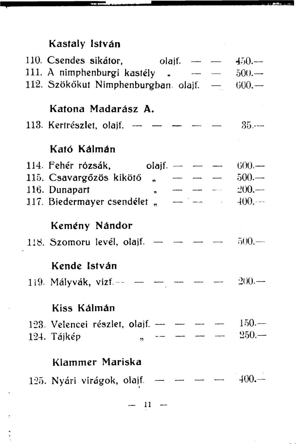 116. Dunapart 200. 117. Biedermayer csendélet 400. Kemény Nándor 118. Szomorú levél, olajf. 500. Kende István 119.