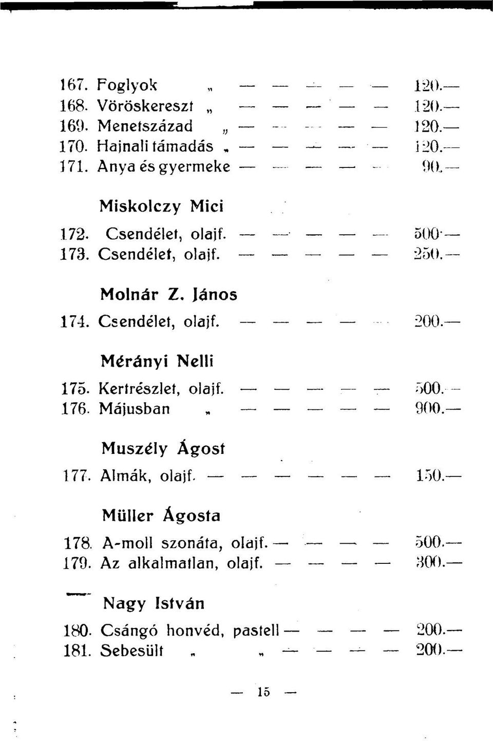 Mérányi Nelli 175. Kertrészlet, olajf. 500. 176. Májusban 900. Muszély Ágost 177. Almák, olajf. 150. Müller Ágosta 178.