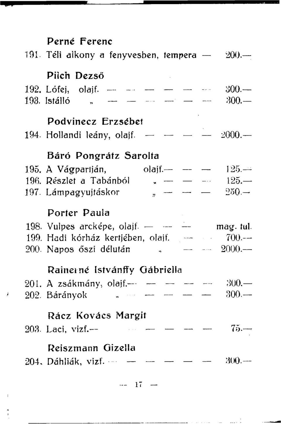 Lámpagyujíáskor 250 Poríer Paula 198. Vulpes arcképe, olajf. mag. tul. 199. Hadi kórház kertjében, olajf. 700.