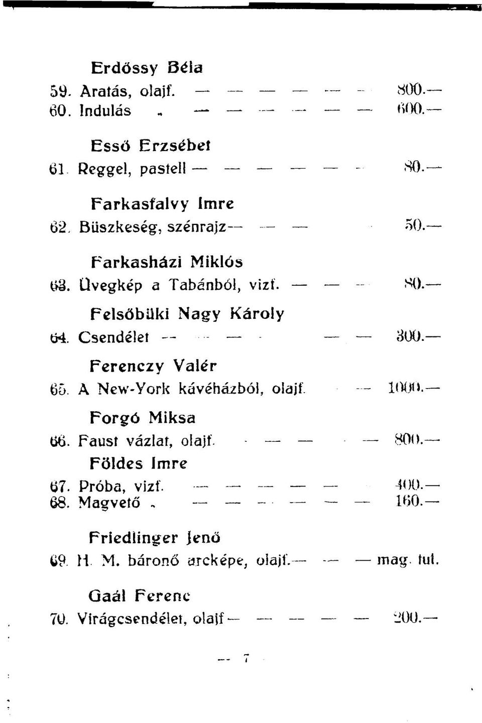 Ferenczy Valér 65. A New-York kávéházból, olajf. - 1000. Forgó Miksa 66. Faust vázlat, olajf. 800 Földes Imre 67. Próba, vizf.