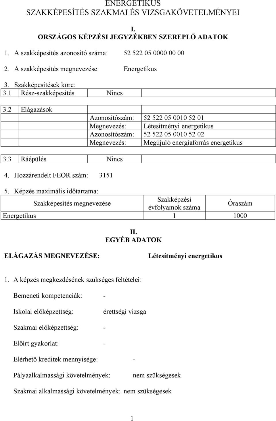 2 Elágazások Azonosítószám: 52 522 05 0010 52 01 Megnevezés: Létesítményi energetikus Azonosítószám: 52 522 05 0010 52 02 Megnevezés: Megújuló energiaforrás energetikus 3.3 Ráépülés Nincs 4.