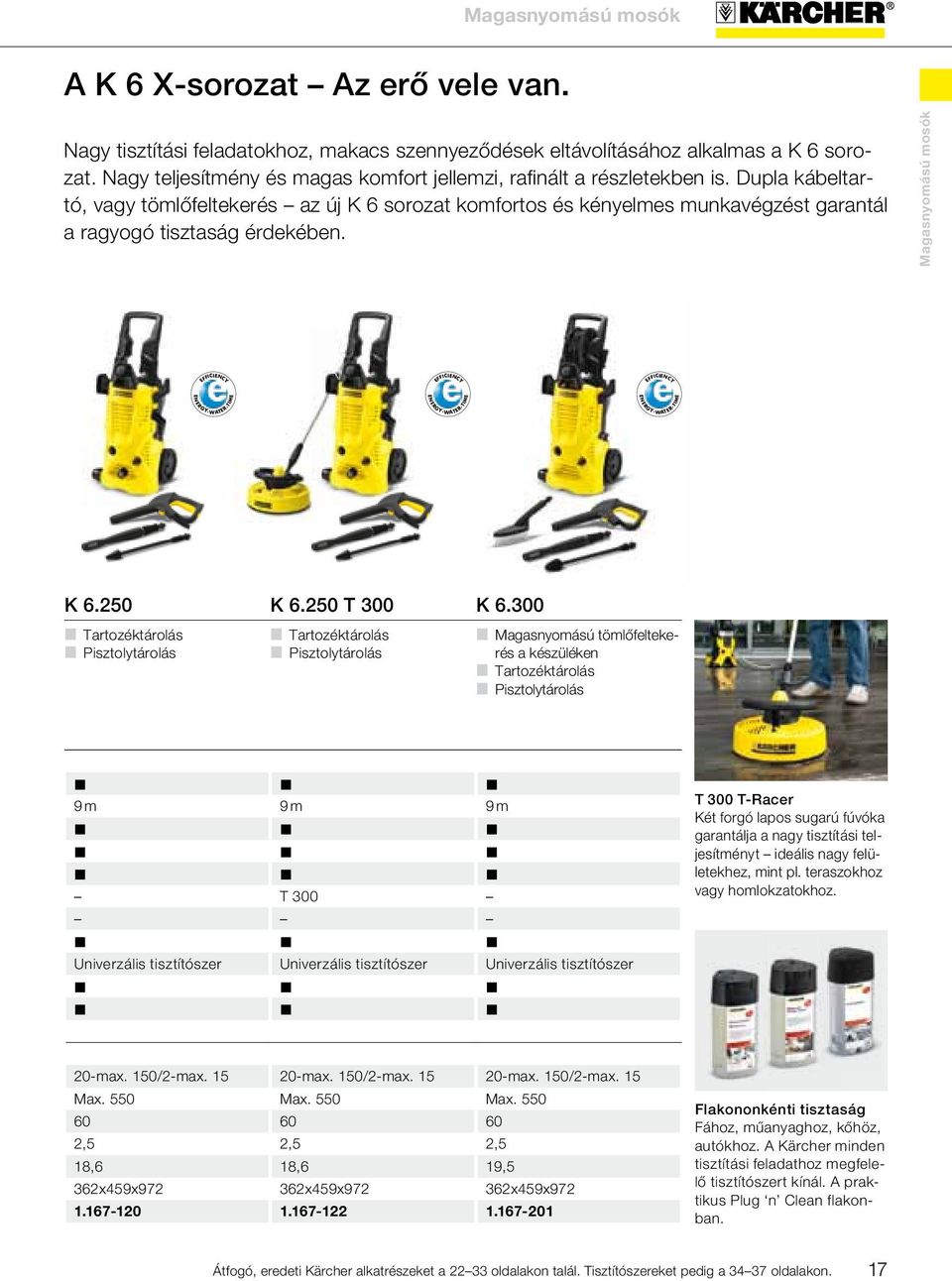 Dupla kábeltartó, vagy tömlőfeltekerés az új K 6 sorozat komfortos és kényelmes munkavégzést garantál a ragyogó tisztaság érdekében. Magasnyomású mosók EFFICIENCY EFFICIENCY K 6.250 K 6.250 T 300 K 6.