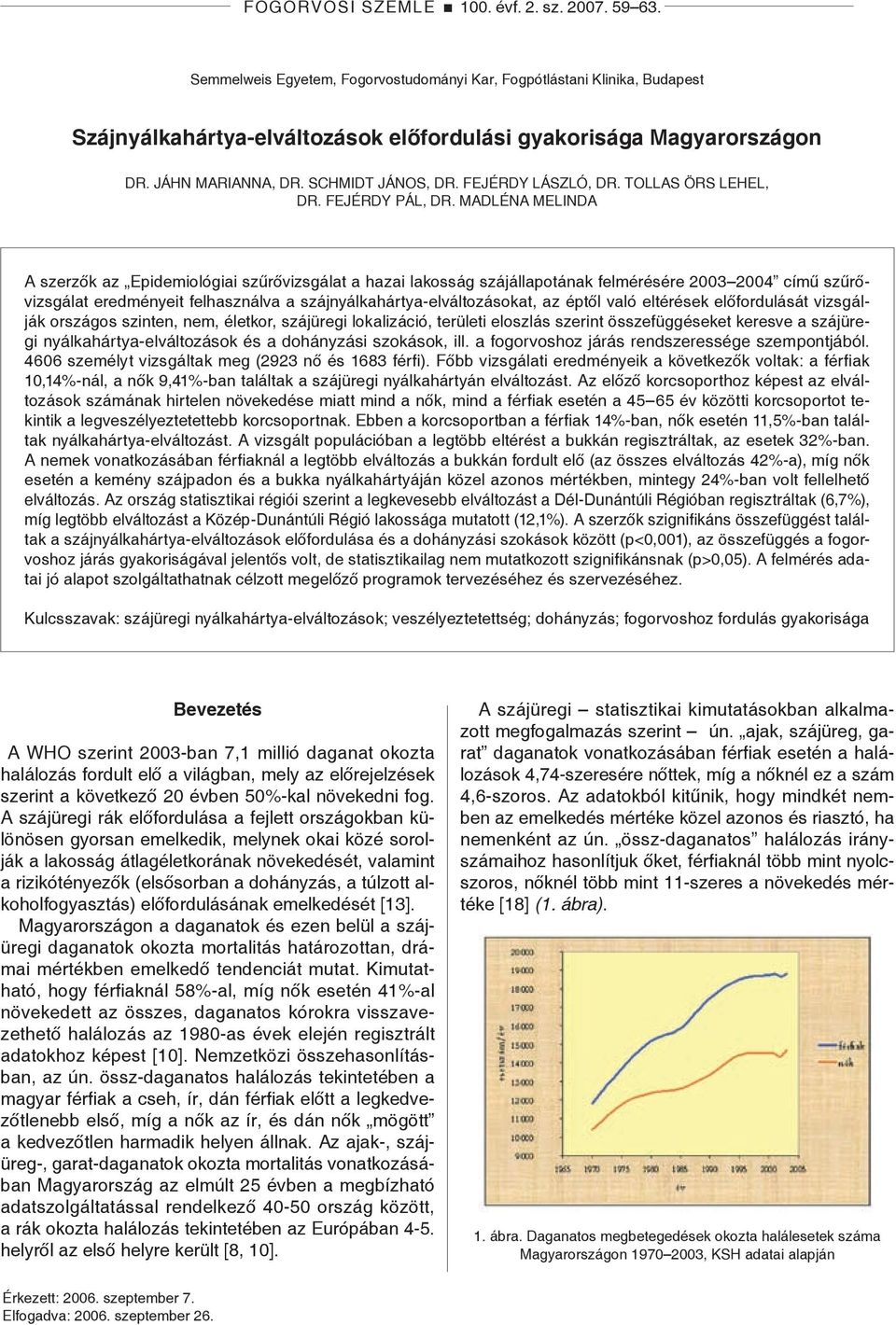 Madléna Melinda A szerzők az Epidemiológiai szűrővizsgálat a hazai lakosság szájállapotának felmérésére 2003 2004 című szűrővizsgálat eredményeit felhasználva a szájnyálkahártya-elváltozásokat, az