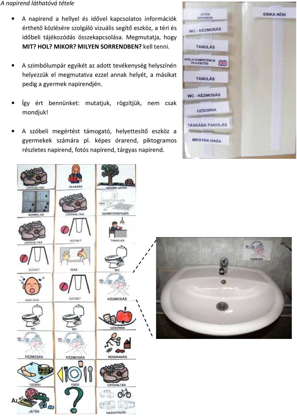 A szimbólumpár egyikét az adott tevékenység helyszínén helyezzük el megmutatva ezzel annak helyét, a másikat pedig a gyermek napirendjén.