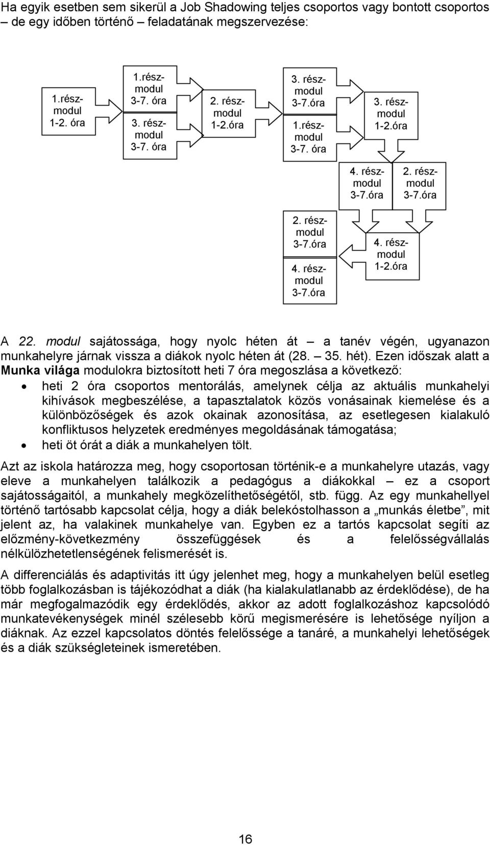 modul sajátossága, hogy nyolc héten át a tanév végén, ugyanazon munkahelyre járnak vissza a diákok nyolc héten át (28. 35. hét).