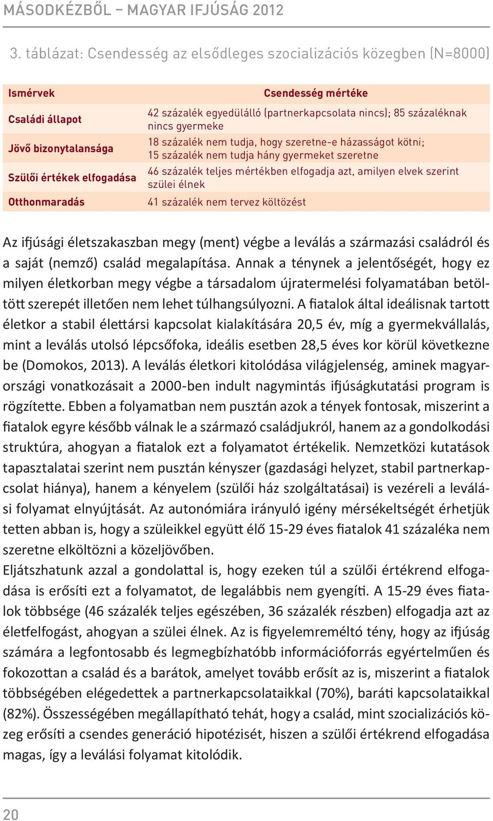 (partnerkapcsolata nincs); 85 százaléknak nincs gyermeke 18 százalék nem tudja, hogy szeretne-e házasságot kötni; 15 százalék nem tudja hány gyermeket szeretne 46 százalék teljes mértékben elfogadja