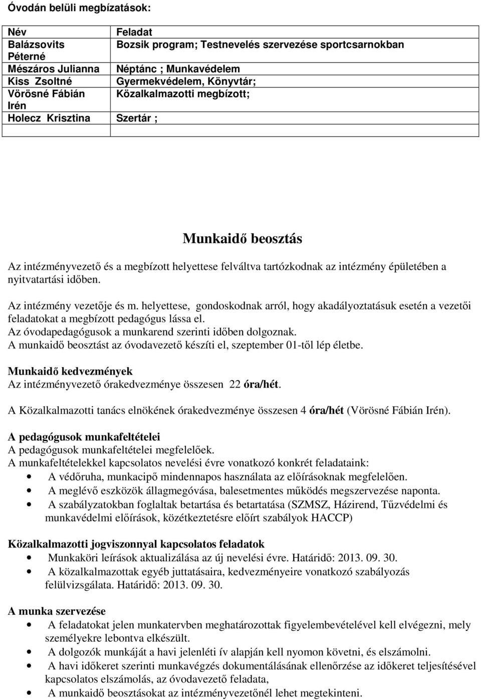 időben. Az intézmény vezetője és m. helyettese, gondoskodnak arról, hogy akadályoztatásuk esetén a vezetői feladatokat a megbízott pedagógus lássa el.