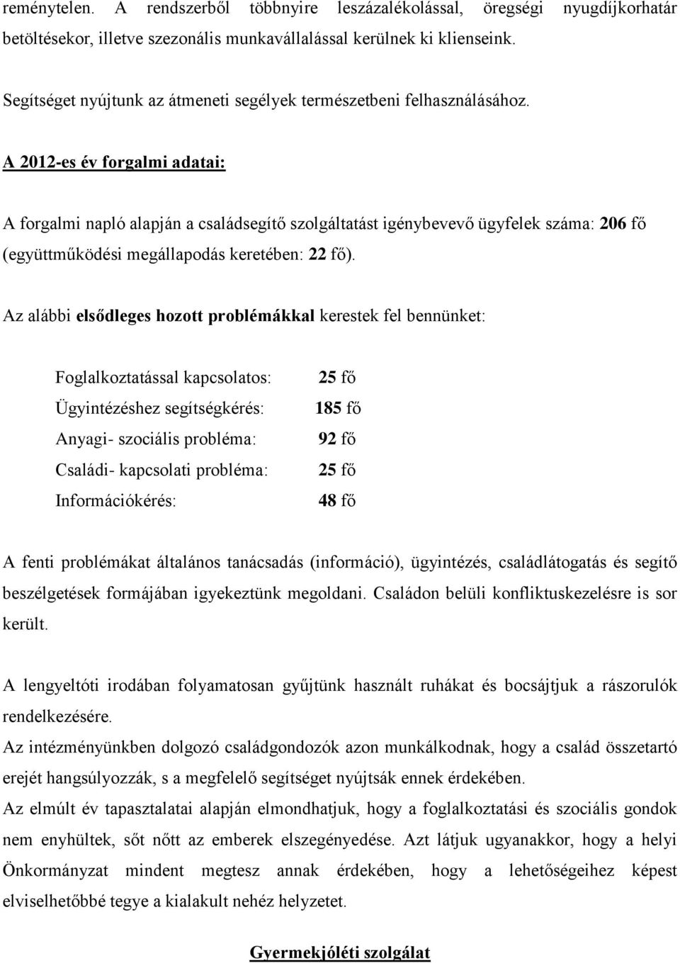 A 2012-es év forgalmi adatai: A forgalmi napló alapján a családsegítő szolgáltatást igénybevevő ügyfelek száma: 206 fő (együttműködési megállapodás keretében: 22 fő).
