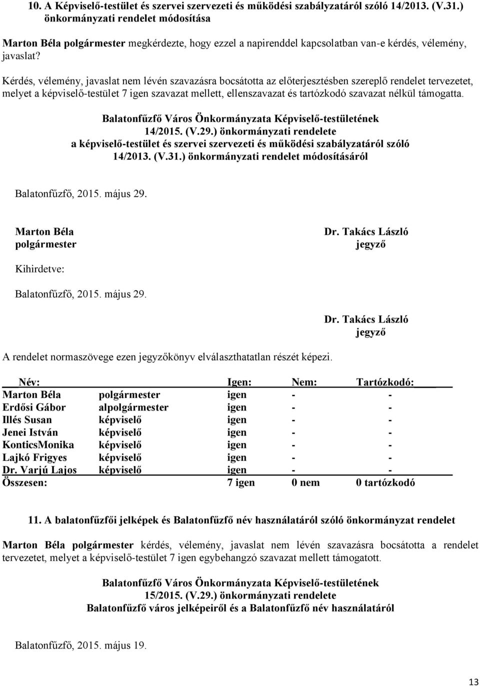 Kérdés, vélemény, javaslat nem lévén szavazásra bocsátotta az előterjesztésben szereplő rendelet tervezetet, melyet a képviselő-testület 7 igen szavazat mellett, ellenszavazat és tartózkodó szavazat