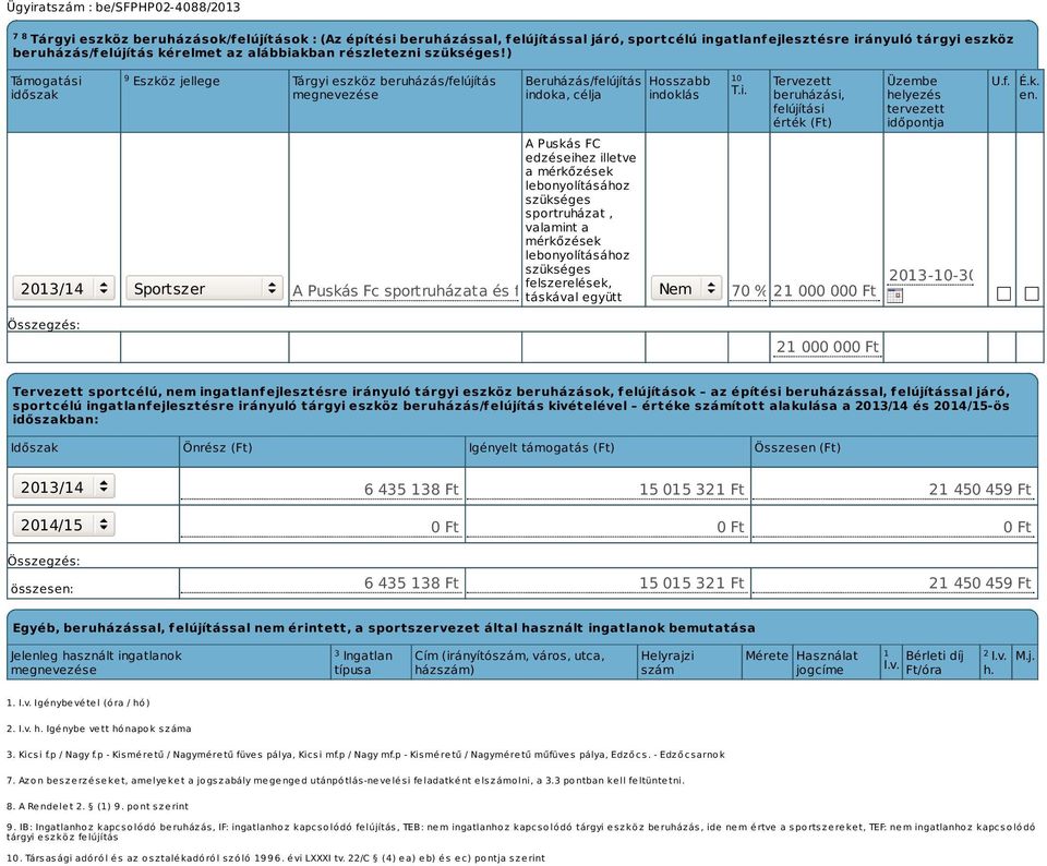 ) Támogatási időszak Eszköz jellege 2013/14 Sportszer Tárgyi eszköz beruházás/felújítás megnevezése Beruházás/felújítás indoka, célja 9 10 A Puskás FC edzéseihez illetve a mérkőzések lebonyolításához