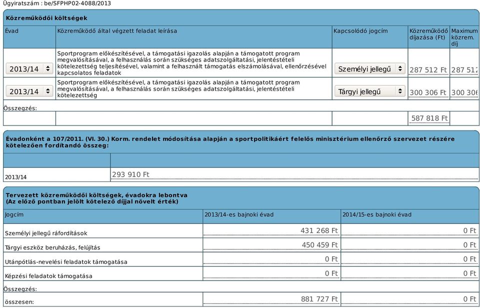 kapcsolatos feladatok Sportprogram előkészítésével, a támogatási igazolás alapján a támogatott program megvalósításával, a felhasználás során szükséges adatszolgáltatási, jelentéstételi kötelezettség