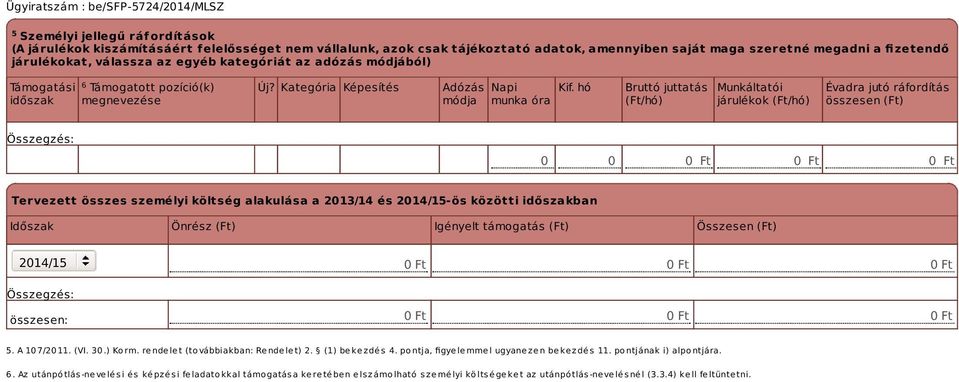 hó munka óra Bruttó juttatás (Ft/hó) Munkáltatói járulékok (Ft/hó) Évadra jutó ráfordítás összesen (Ft) 0 0 0 Ft 0 Ft 0 Ft Tervezett összes személyi költség alakulása a 2013/14 és -ös közötti