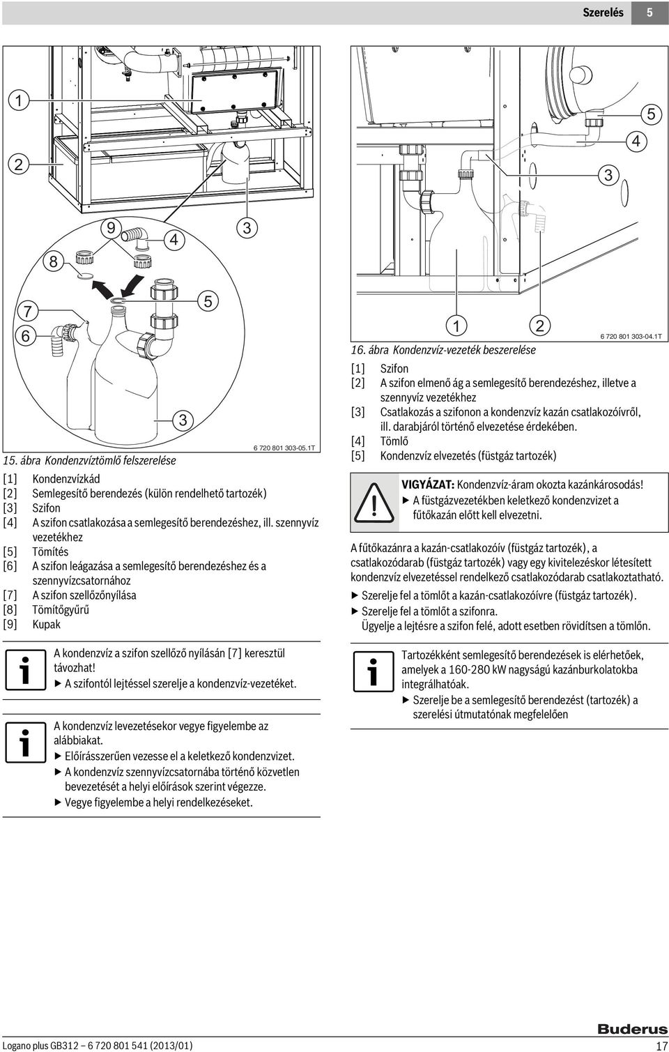 szennyvíz vezetékhez [5] Tömítés [6] A szifon leágazása a semlegesítő berendezéshez és a szennyvízcsatornához [7] A szifon szellőzőnyílása [8] Tömítőgyűrű [9] Kupak A kondenzvíz a szifon szellőző