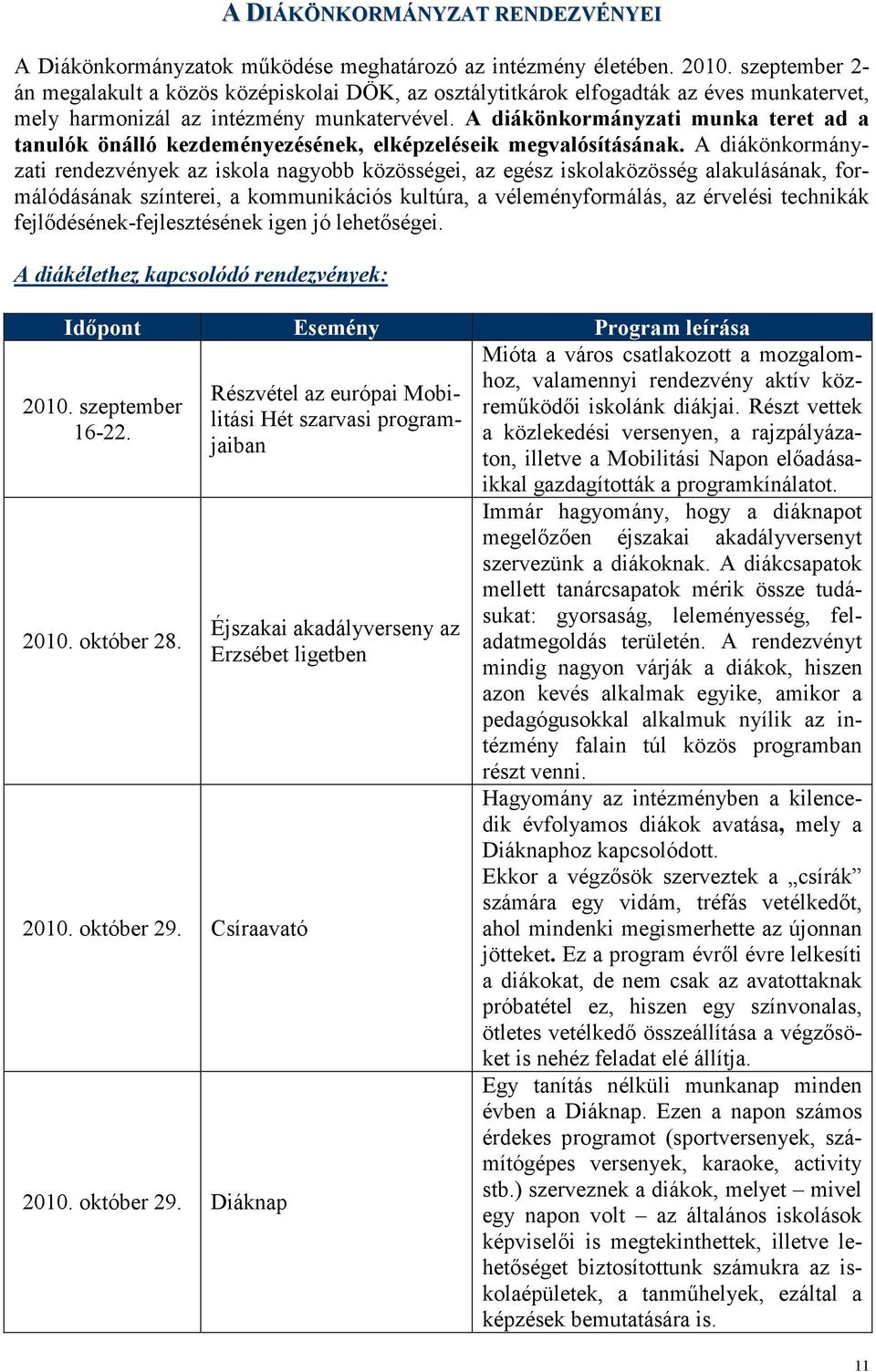 A diákönkormányzati munka teret ad a tanulók önálló kezdeményezésének, elképzeléseik megvalósításának.