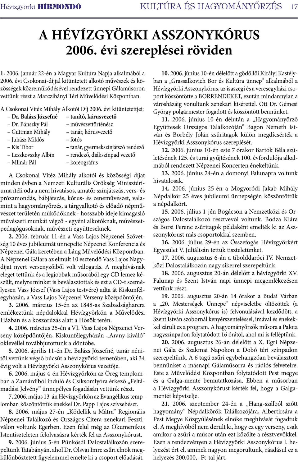 A Csokonai Vitéz Mihály Alkotói Díj 2006. évi kitüntetettjei: Dr. Balázs Józsefné tanító, kórusvezető Dr.