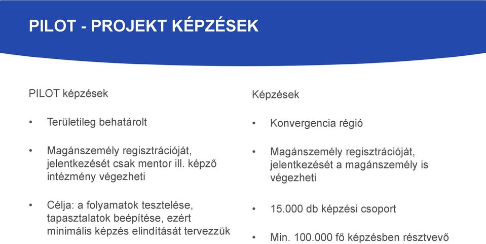 képző intézmény végezheti Célja: a folyamatok tesztelése, tapasztalatok beépítése, ezért minimális