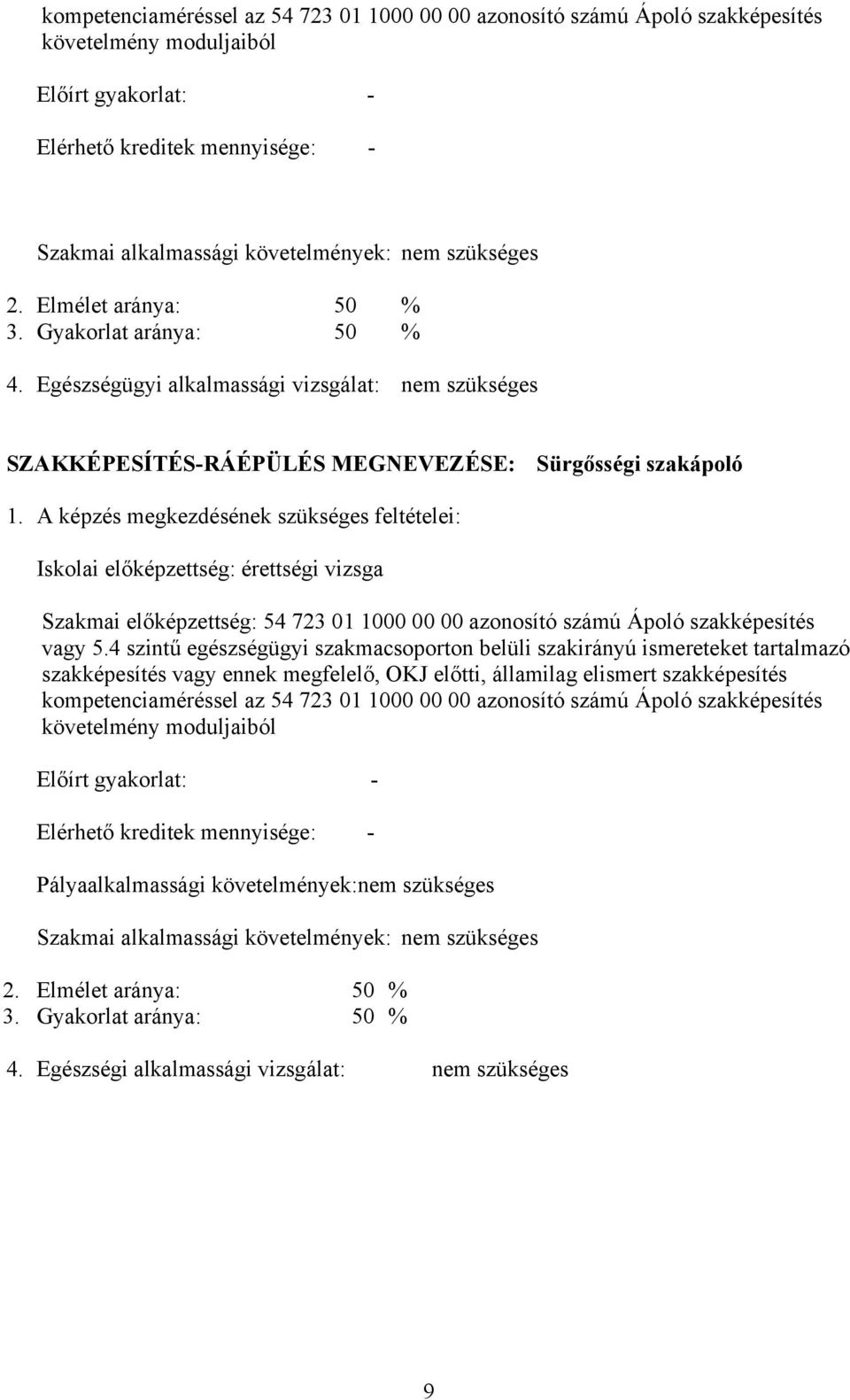 képzés megkezdésének szükséges feltételei: Iskolai előképzettség: érettségi vizsga Szakmai előképzettség: 54 723 01 1000 00 00 azonosító számú Ápoló szakképesítés vagy 5.