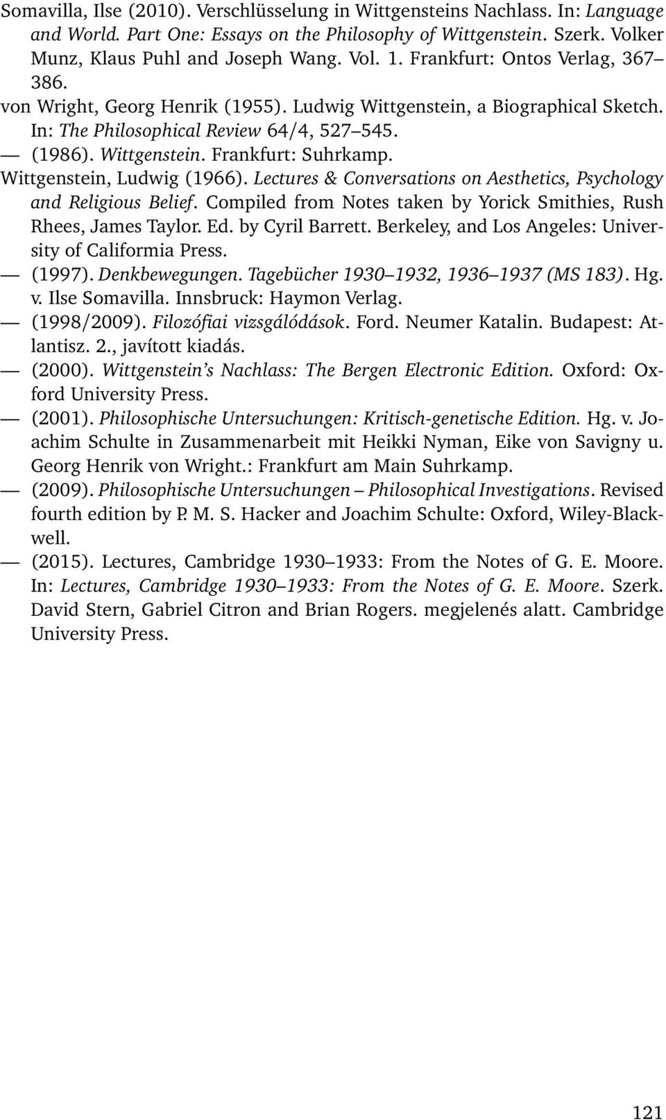 Wittgenstein, Ludwig (1966). Lectures & Conversations on Aesthetics, Psychology and Religious Belief. Compiled from Notes taken by Yorick Smithies, Rush Rhees, James Taylor. Ed. by Cyril Barrett.