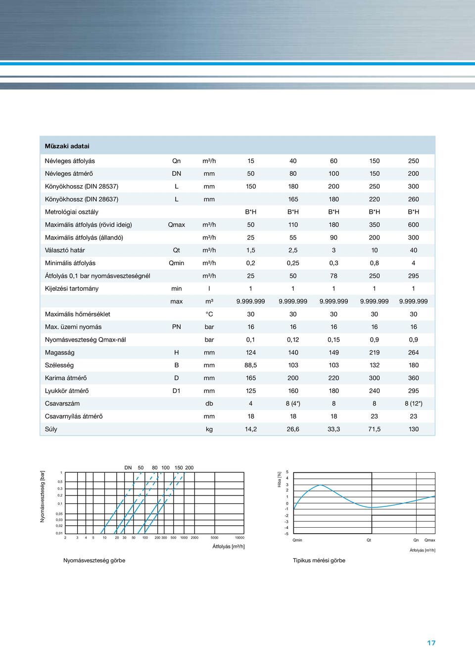 Minimális átfolyás Qmin m³/h 0,2 0,25 0,3 0,8 4 Átfolyás 0,1 bar nyomásveszteségnél m³/h 25 50 78 250 295 Kijelzési tartomány min l 1 1 1 1 1 max m³ 9.999.