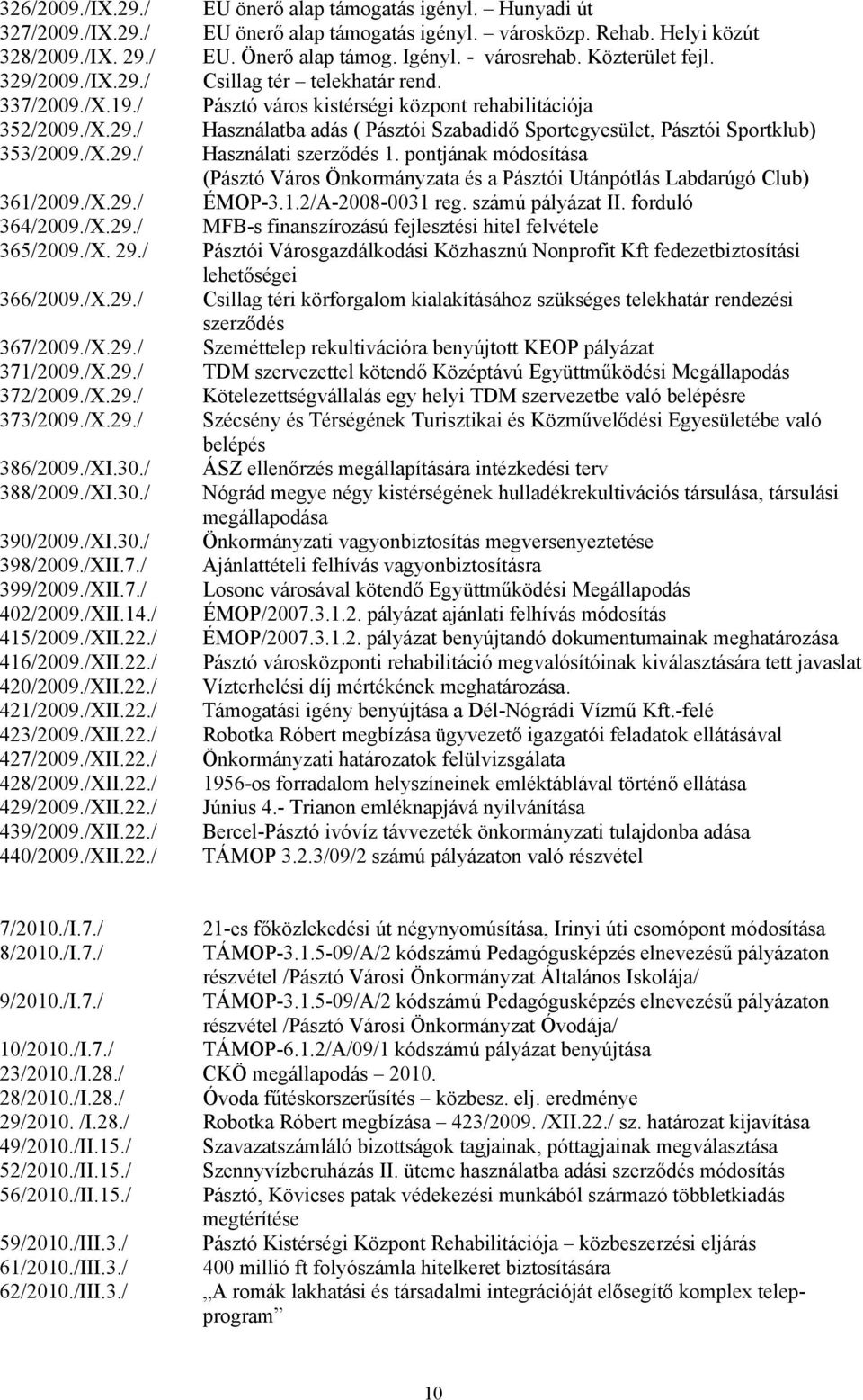 /XII.22./ 420/2009./XII.22./ 421/2009./XII.22./ 423/2009./XII.22./ 427/2009./XII.22./ 428/2009./XII.22./ 429/2009./XII.22./ 439/2009./XII.22./ 440/2009./XII.22./ EU önerő alap támogatás igényl.