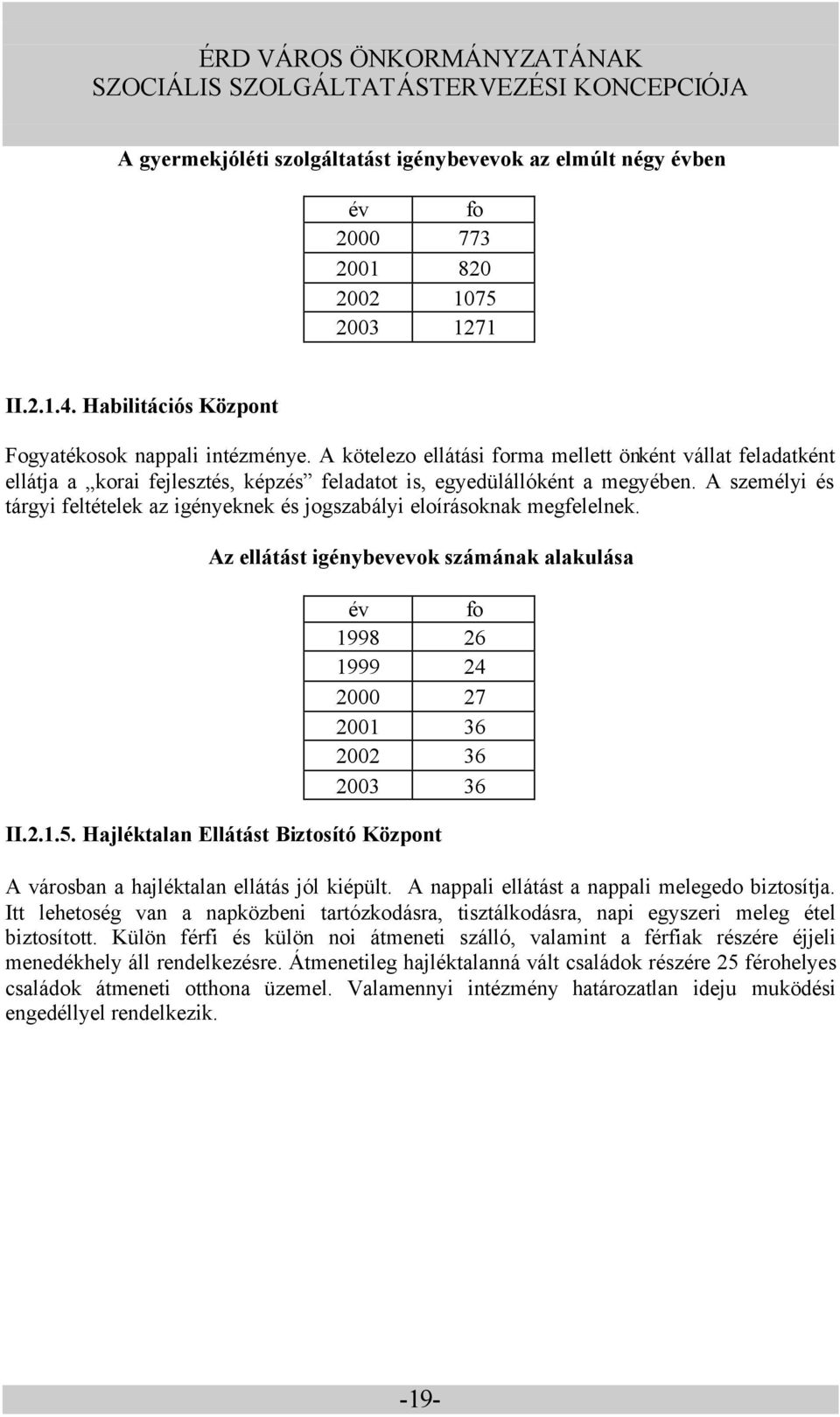 A személyi és tárgyi feltételek az igényeknek és jogszabályi eloírásoknak megfelelnek. Az ellátást igénybevevok számának alakulása év fo 1998 26 1999 24 2000 27 2001 36 2002 36 2003 36 II.2.1.5.