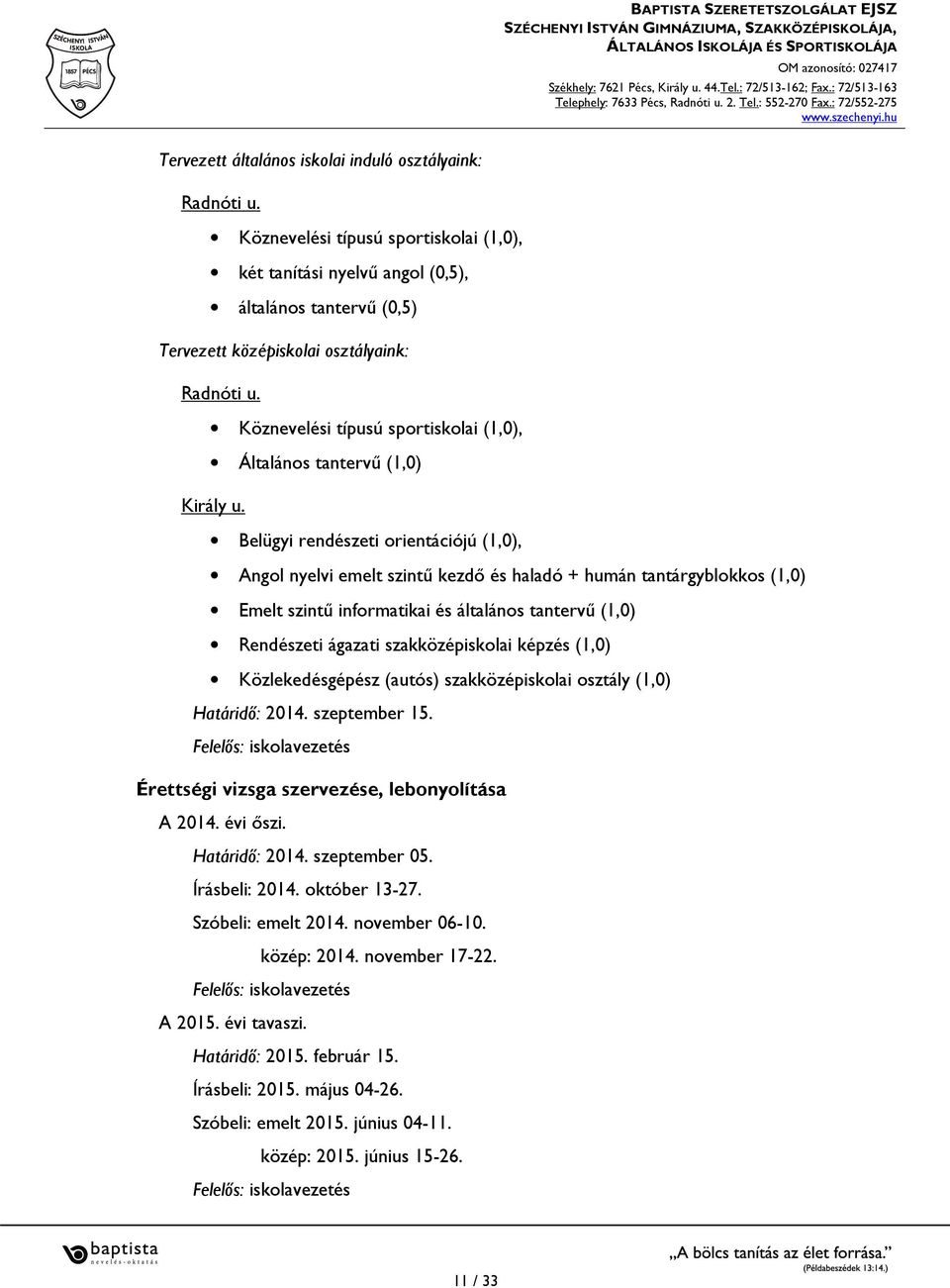 Köznevelési típusú sportiskolai (1,0), Általános tantervű (1,0) Király u.