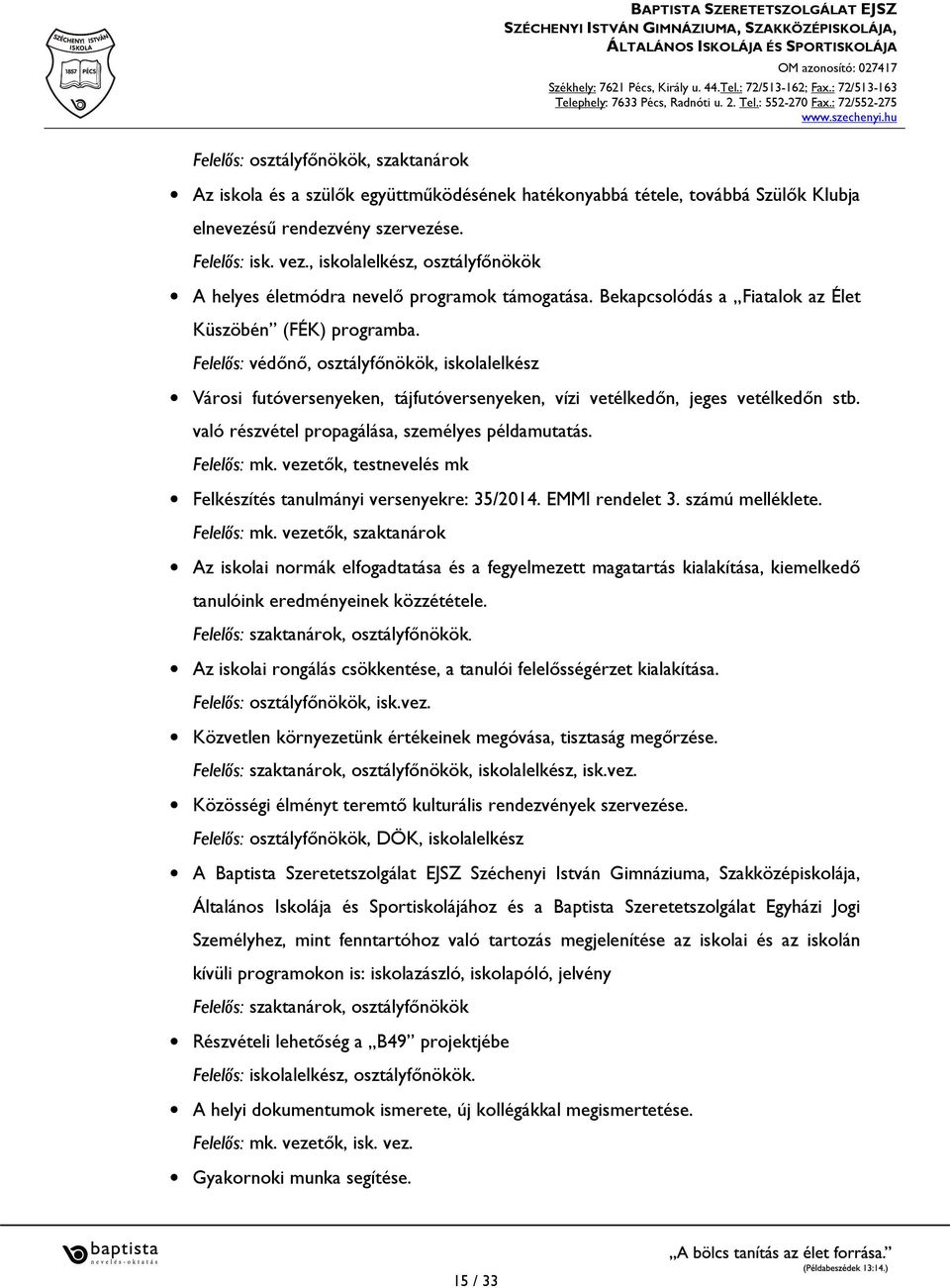 Felelős: védőnő,, iskolalelkész Városi futóversenyeken, tájfutóversenyeken, vízi vetélkedőn, jeges vetélkedőn stb. való részvétel propagálása, személyes példamutatás. Felelős: mk.