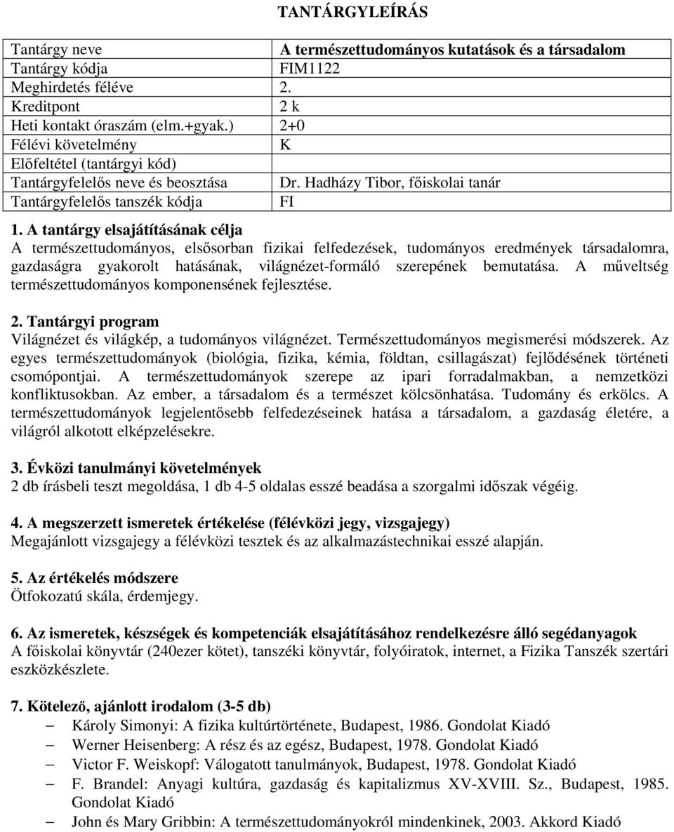 Hadházy Tibor, főiskolai tanár Tantárgyfelelős tanszék kódja FI A természettudományos, elsősorban fizikai felfedezések, tudományos eredmények társadalomra, gazdaságra gyakorolt hatásának,