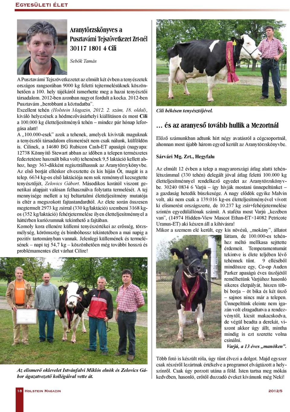 Excellent tehén (Holstein Magazin, 2012. 2. szám, 18. oldal), kiváló helyezések a hódmezővásárhelyi kiállításon és most Cili a 100.000 kg életteljesítményű tehén mindez pár hónap leforgása alatt!