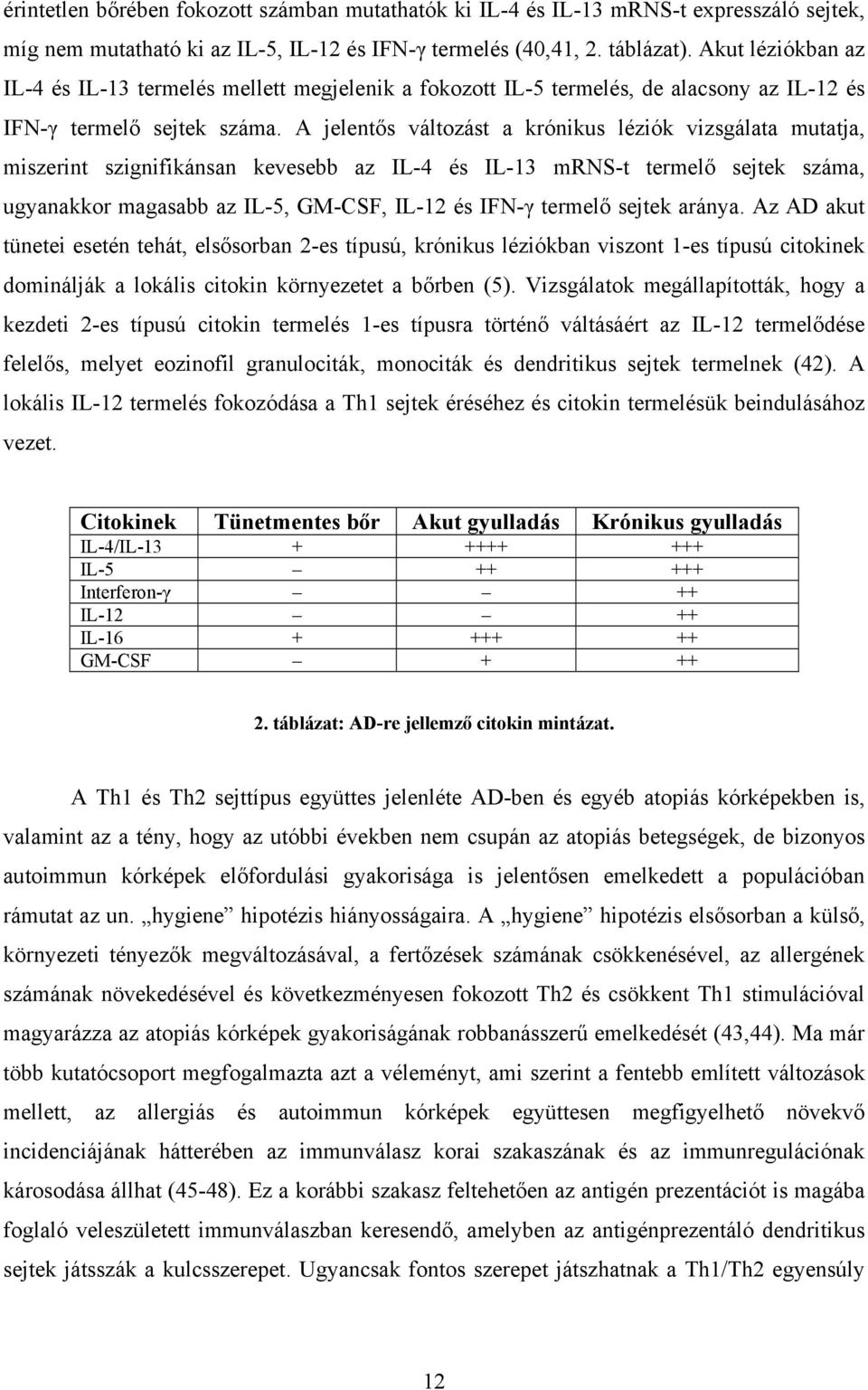 A jelentős változást a krónikus léziók vizsgálata mutatja, miszerint szignifikánsan kevesebb az IL-4 és IL-13 mrns-t termelő sejtek száma, ugyanakkor magasabb az IL-5, GM-CSF, IL-12 és IFN-γ termelő