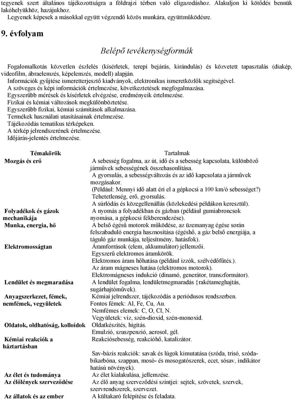 évfolyam Belépı tevékenységformák Fogalomalkotás közvetlen észlelés (kísérletek, terepi bejárás, kirándulás) és közvetett tapasztalás (diakép, videofilm, ábraelemzés, képelemzés, modell) alapján.