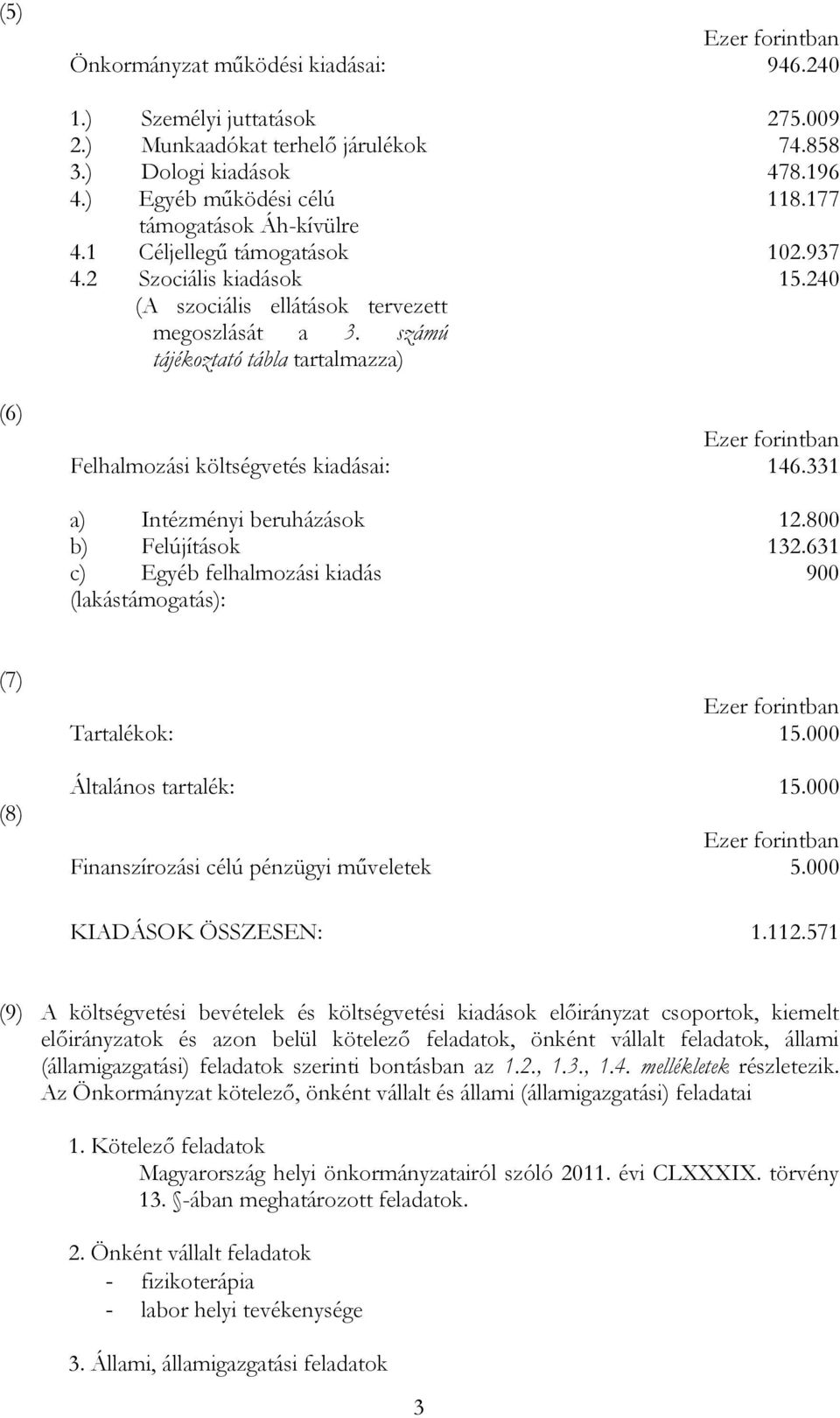 számú tájékoztató tábla tartalmazza) (6) Felhalmozási költségvetés kiadásai: 146.331 a) Intézményi beruházások 12.800 b) Felújítások 132.