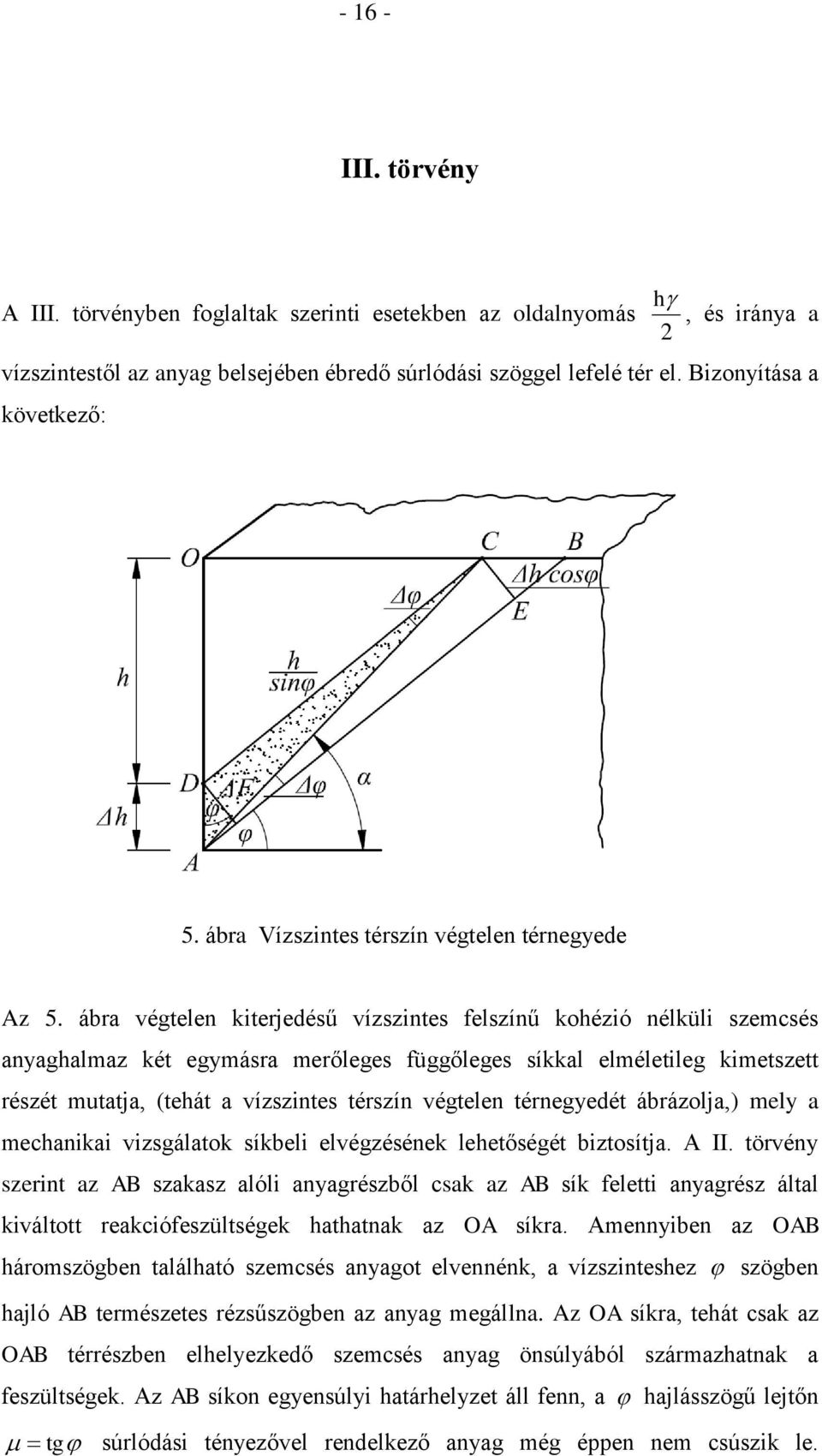 mutatja (teát a vízszintes térszín végtelen térnegyedét ábrázolja) mely a mecanikai vizsgálatok síkbeli elvégzésének leetőségét biztosítja A II törvény szerint az AB szakasz alóli anyagrészből csak