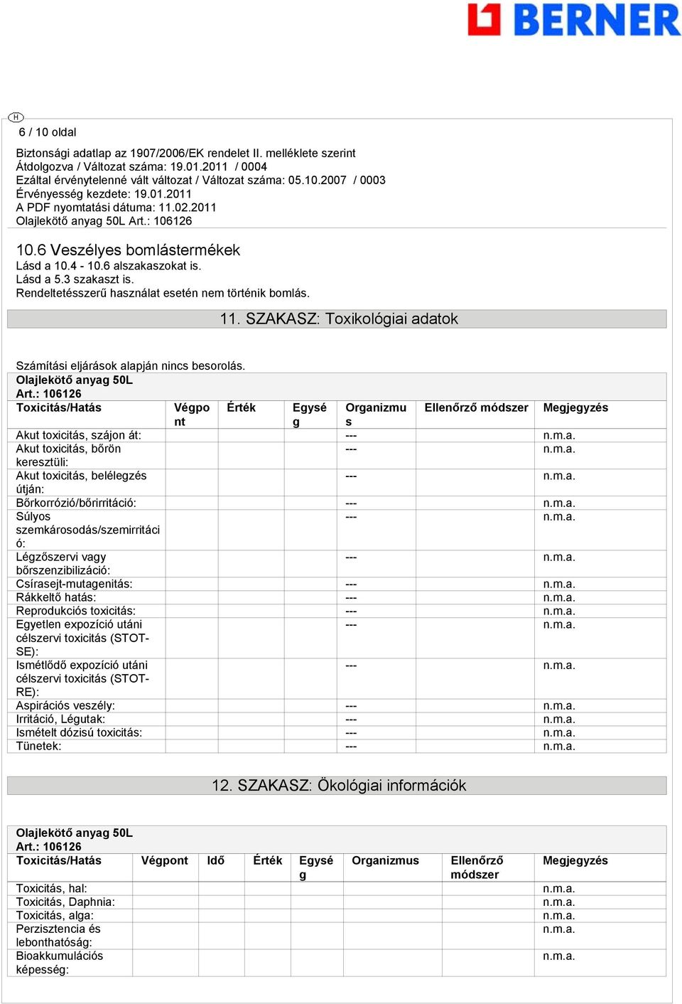 : 106126 Toxicitás/Hatás Végpo Érték Egysé Organizmu Ellenőrző módszer Megjegyzés nt g s Akut toxicitás, szájon át: --- Akut toxicitás, bőrön --- keresztüli: Akut toxicitás, belélegzés --- útján: