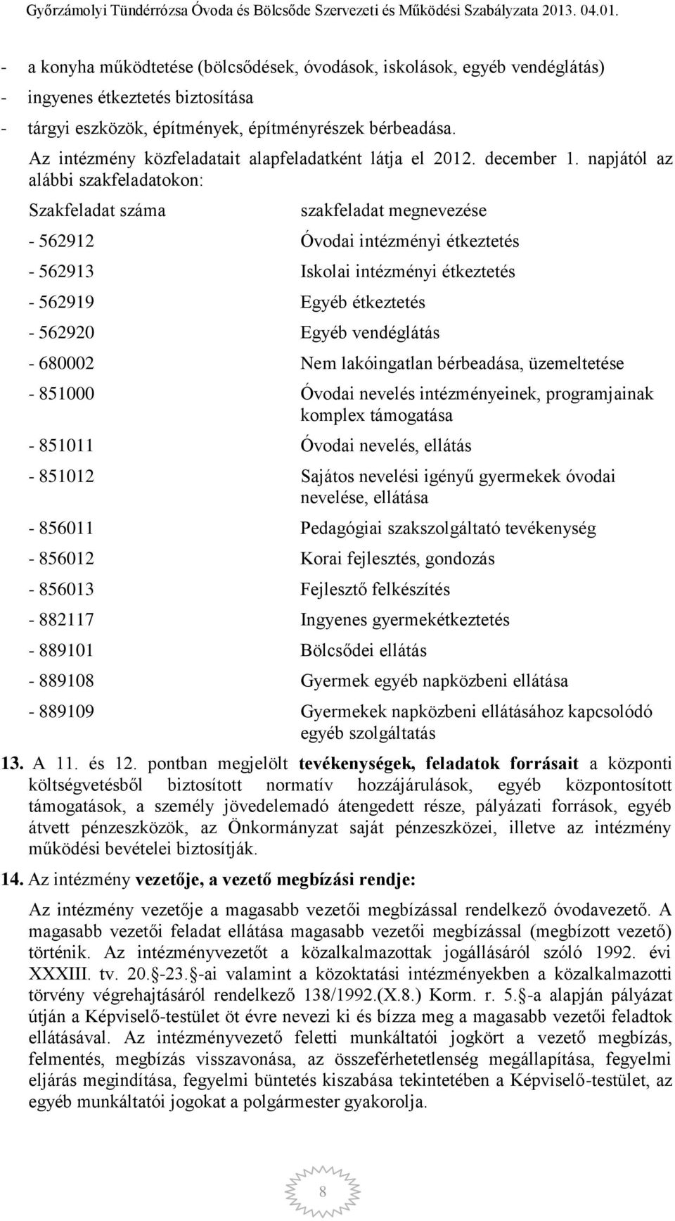 napjától az alábbi szakfeladatokon: Szakfeladat száma szakfeladat megnevezése - 562912 Óvodai intézményi étkeztetés - 562913 Iskolai intézményi étkeztetés - 562919 Egyéb étkeztetés - 562920 Egyéb