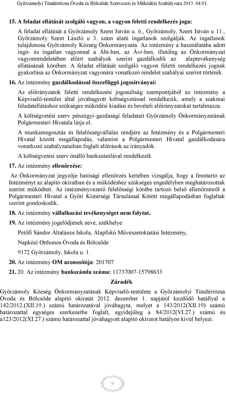 Az intézmény a használatába adott ingó- és ingatlan vagyonnal a Áht-ben, az Ávr-ben, illetőleg az Önkormányzat vagyonrendeletében előírt szabályok szerint gazdálkodik az alaptevékenység ellátásának