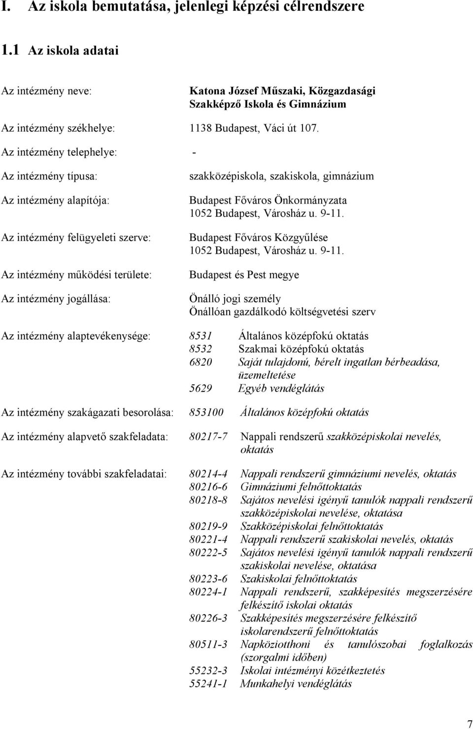 Az intézmény telephelye: Az intézmény típusa: Az intézmény alapítója: Az intézmény felügyeleti szerve: Az intézmény működési területe: Az intézmény jogállása: szakközépiskola, szakiskola, gimnázium