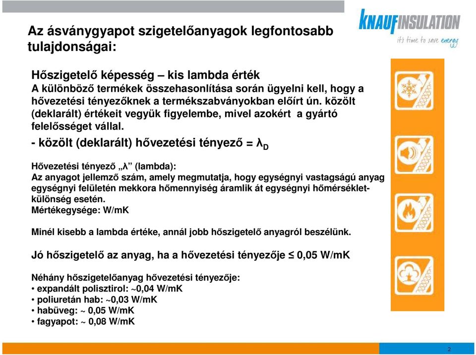 - közölt (deklarált) hvezetési tényez = D Hvezetési tényez (lambda): Az anyagot jellemz szám, amely megmutatja, hogy egységnyi vastagságú anyag egységnyi felületén mekkora hmennyiség áramlik át