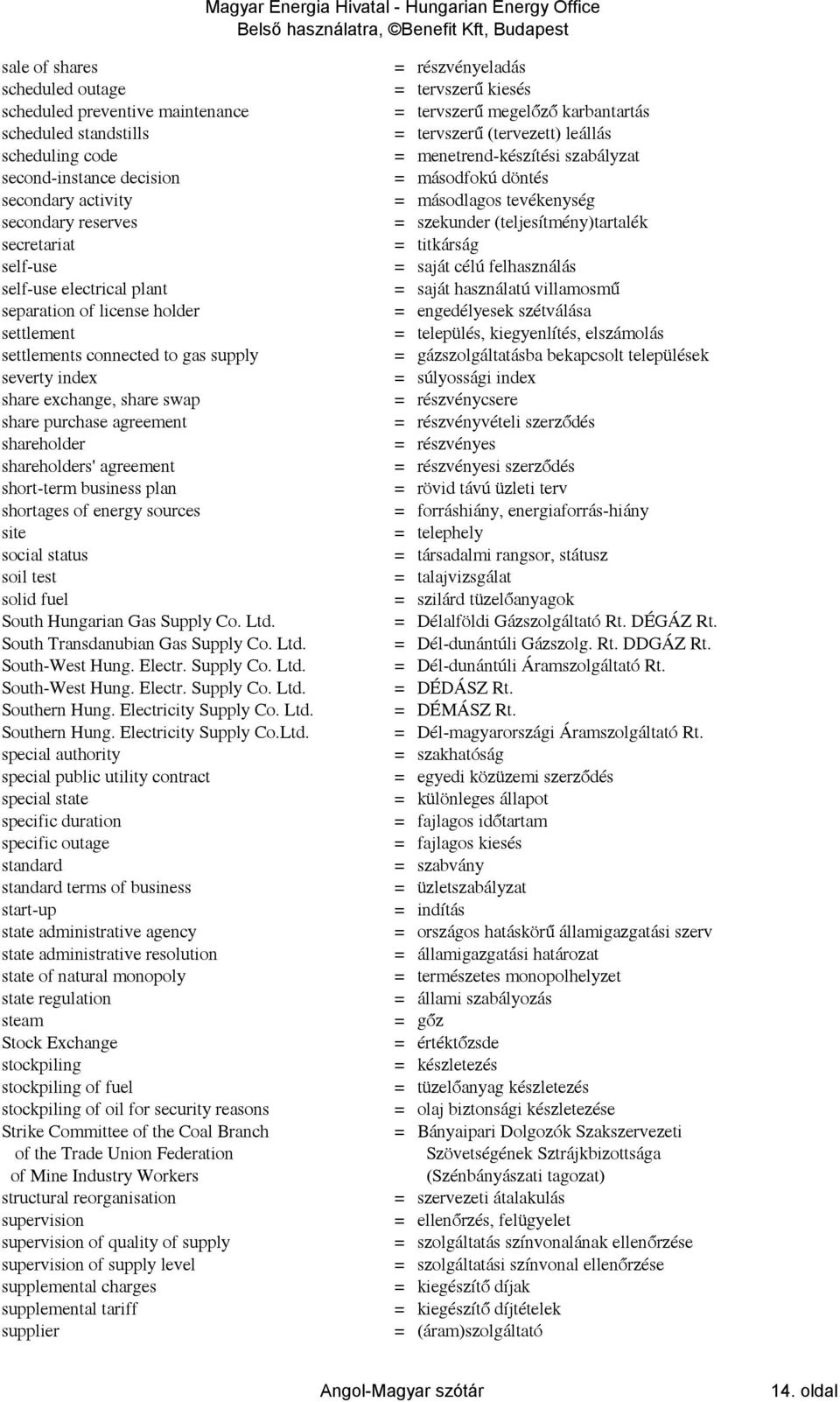 short-term business plan shortages of energy sources site social status soil test solid fuel South Hungarian Gas Supply Co. Ltd. South Transdanubian Gas Supply Co. Ltd. South-West Hung. Electr.