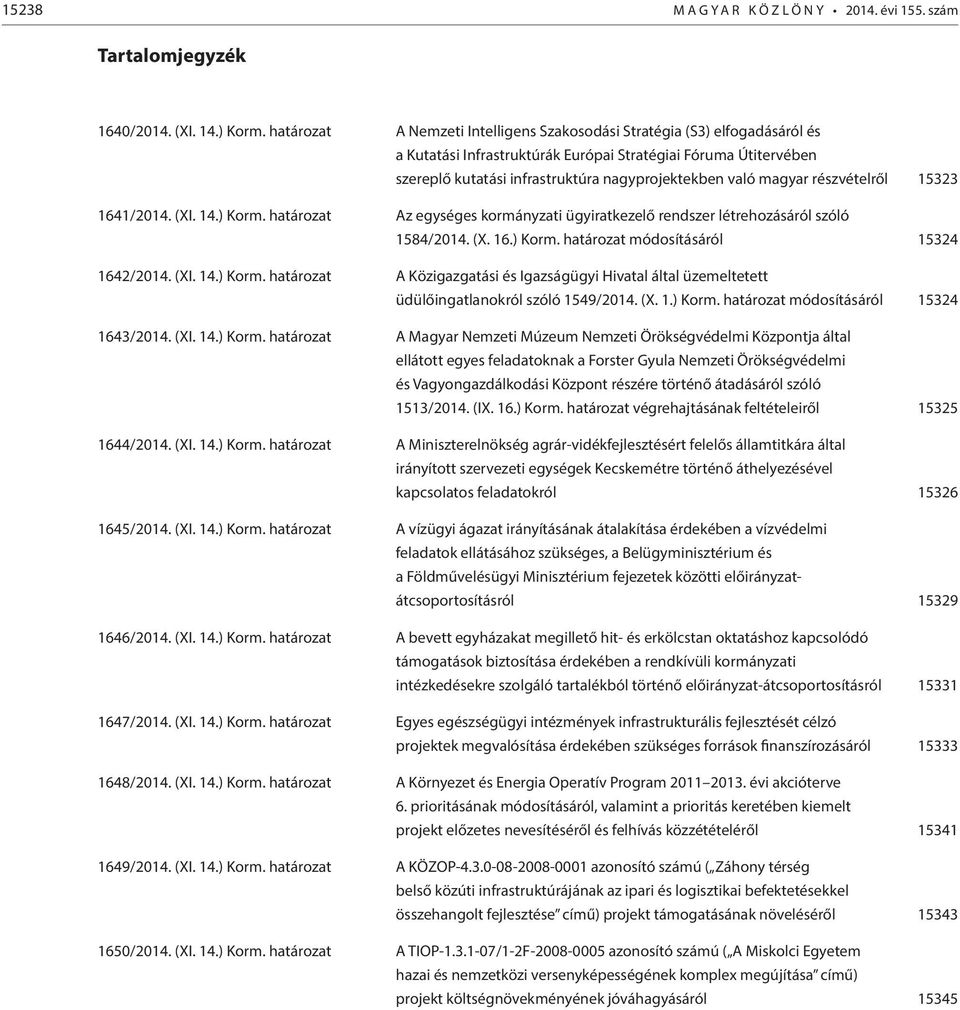 magyar részvételről 15323 1641/2014. (XI. 14.) Korm. határozat Az egységes kormányzati ügyiratkezelő rendszer létrehozásáról szóló 1584/2014. (X. 16.) Korm. határozat módosításáról 15324 1642/2014.