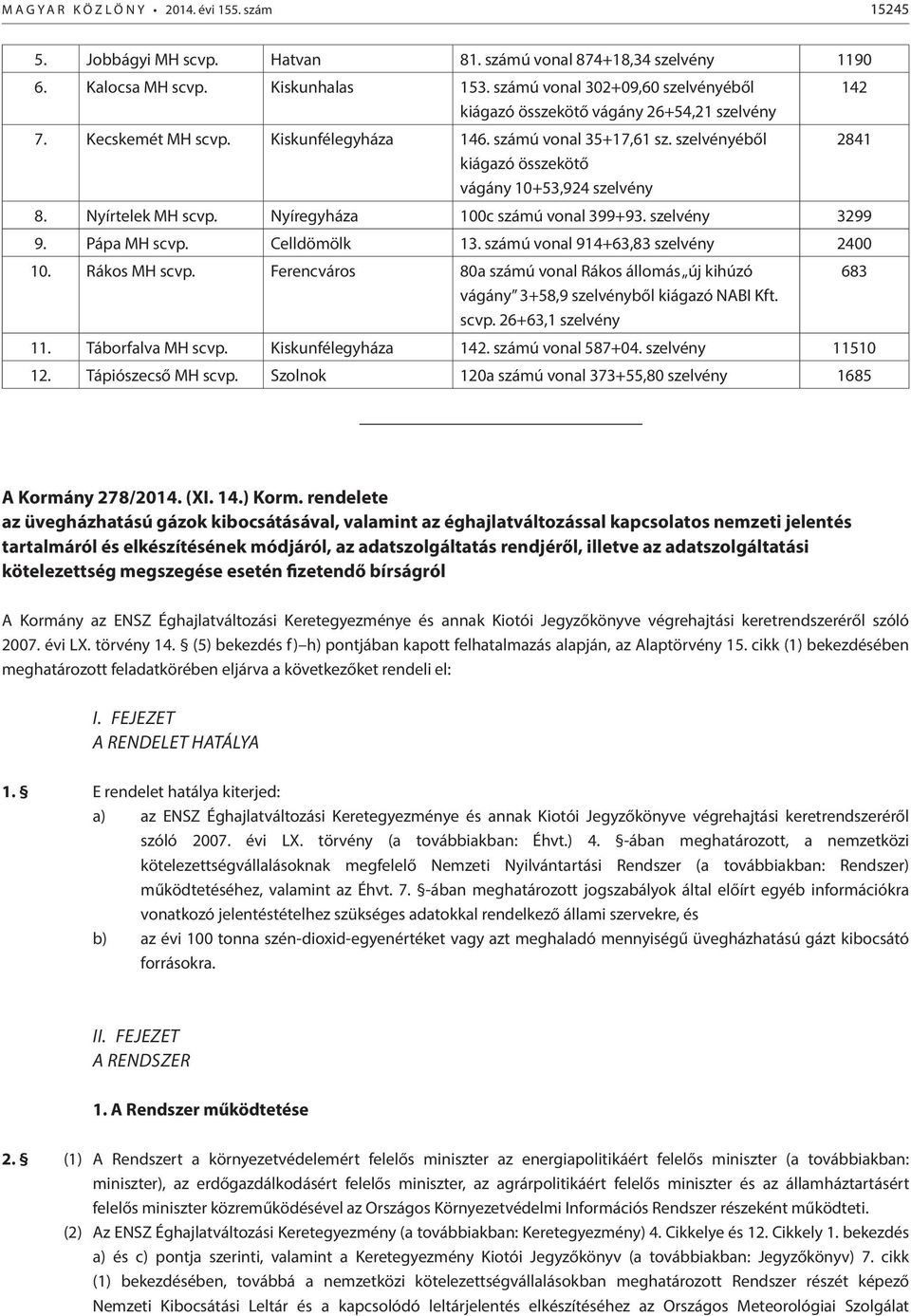 szelvényéből 2841 kiágazó összekötő vágány 10+53,924 szelvény 8. Nyírtelek MH scvp. Nyíregyháza 100c számú vonal 399+93. szelvény 3299 9. Pápa MH scvp. Celldömölk 13.