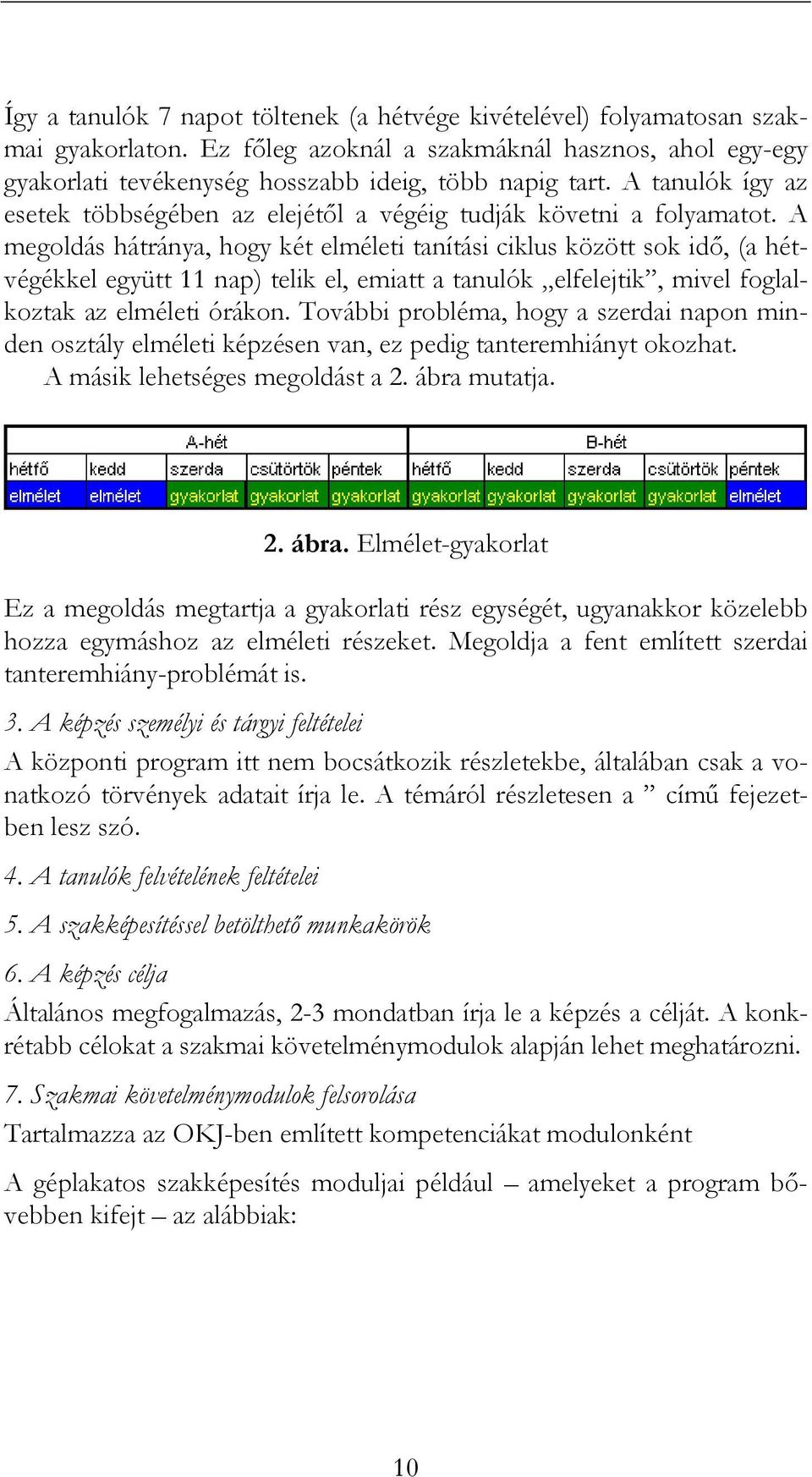 A megoldás hátránya, hogy két elméleti tanítási ciklus között sok idı, (a hétvégékkel együtt 11 nap) telik el, emiatt a tanulók elfelejtik, mivel foglalkoztak az elméleti órákon.