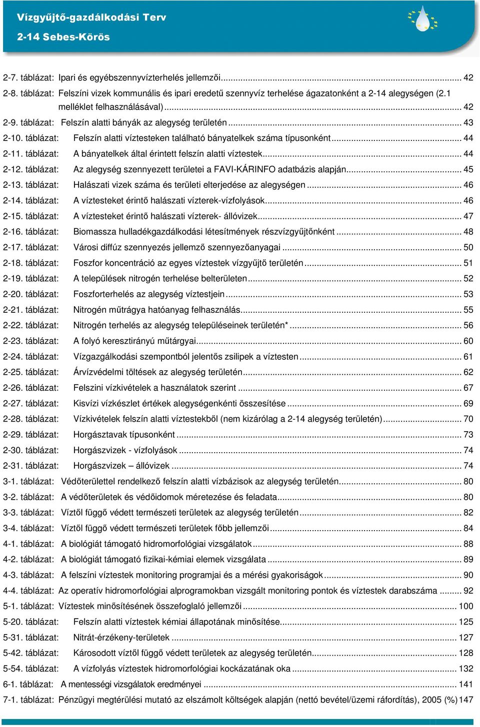 táblázat: A bányatelkek által érintett felszín alatti víztestek... 44 2-12. táblázat: Az alegység szennyezett területei a FAVI-KÁRINFO adatbázis alapján... 45 2-13.